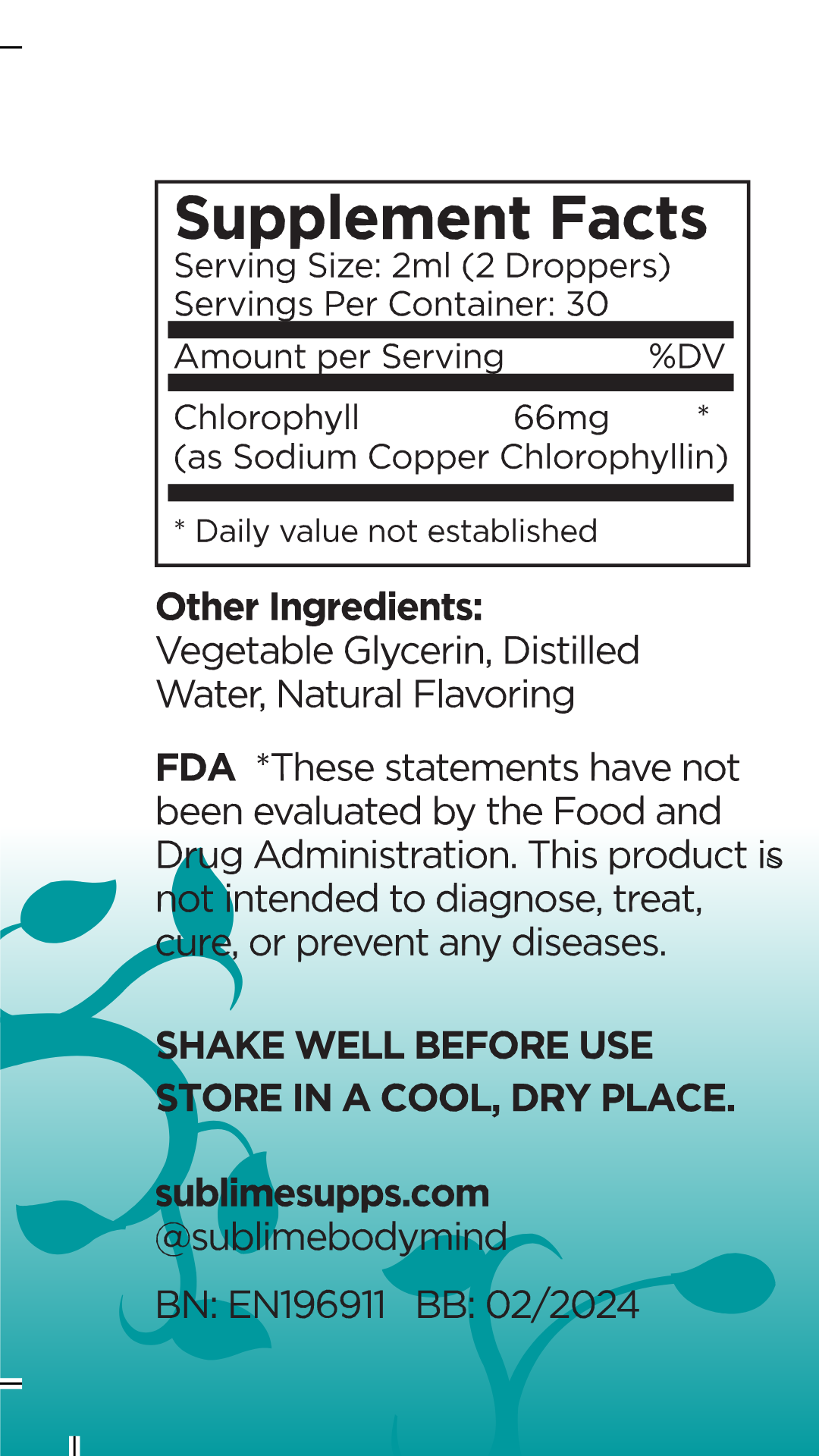 Sublime Liquid Chlorophyll Drops – Peppermint Flavor | Natural Detox, Skin Health, and Immune Support Supplement