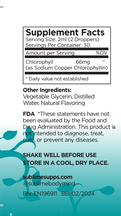 Sublime Liquid Chlorophyll Drops – Peppermint Flavor | Natural Detox, Skin Health, and Immune Support Supplement